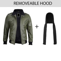 Blouson aviateur en cuir vert pour homme, style slim fit, fermeture éclair