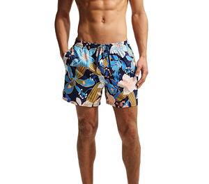 Wholesale Men's Surf Shorts with Loose Fit Eco-Friendly Polyester Fabric Floral Pattern Colored Wash <b>Elastic</b> <b>Waist</b> - Product Image 1