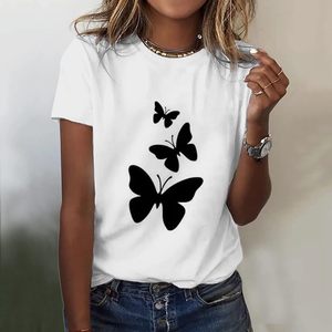 Camiseta Casual de Cuello Redondo para el Verano 2026, Estampado de Mariposas y Crisantemos, Manga Corta, Ligera, para Uso Diario - Product Image 2
