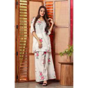 Conjunto de Kurta con Estampado Floral de Rosas Blancas Estilo Bohemio, Mangas Tres Cuartos, Talla XS - Product Image 2