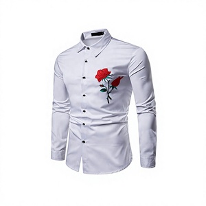 Chemise habillée brodée motif rose pour homme, manches longues, style décontracté chic, blanc, marine, noir, motif floral frontal, en popeline, col rabattu - Product Image 4