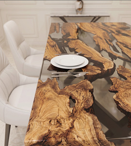 Table à manger rectangulaire moderne en résine avec bord naturel, design grain de bois fait main, 4 places, pieds en métal, durable, mobilier de maison et de commerce, Global - Product Image 5