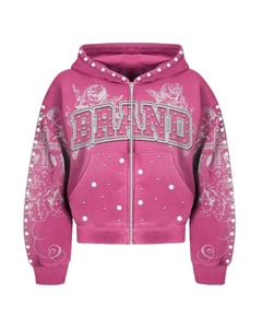 Custom Hoodies <b>Jacket</b> Zipper Gemstone Glitter Sun Faded Embroidery Vintage Distressed Acid Wash Diamond <b>Rhinestone</b> Hoodie - Product Image 3