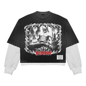 Impression graphique personnalisée dégradée broderie coupe recadrée lavage à l'acide double couche sweats à manches longues surdimensionnés - Product Image 5