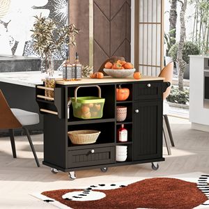 Solid Wood Desktop Kitchen Island Cart Storage Cabinet with Two Locking Wheels Microwave Cabinet Floor Standing <b>Buffet</b> <b>Server</b> - Product Image 1
