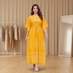 Trending Yellow Ethnic <b>Kaftan</b> <b>Dress</b> With White Print Loose Fit Ankle-Length For Women Casual Wear India Pakistan Style Summer - Product Image 1