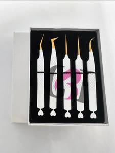 45/<b>Boot</b>/90 White Gold Tip Powder Coating Smooth/Fiber Tip Stainless Steel Precision Eyelash Tweezer With Heart Cutout - Product Image 1