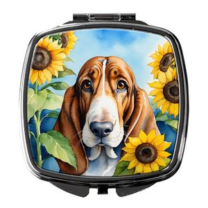 Espejo de maquillaje de viaje compacto con girasoles Basset Hound, espejo decorativo de bolsillo plegable de mano para regalo de mujeres y niñas - Product Image 1