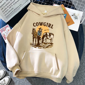 Sudaderas con capucha para mujer, nueva calidad, diseño 'La Vaquera y su Vaca y Caballo Viven en el Oeste', estilo Hip Hop urbano, cuello redondo con bolsillo - Product Image 2