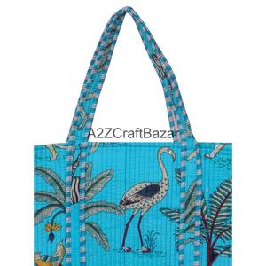 Handmade Cotton Quilted Tote <b>Bag</b> Floral Pattern Eco-Friendly Travel Storage Shoulder <b>Bag</b> Large Size Zipper Closure <b>Long</b> Handle - Product Image 2