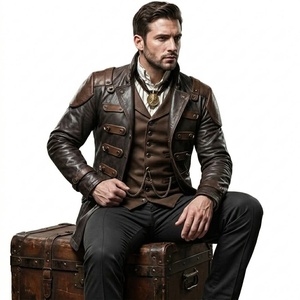 Men's Brown Genuine Leather <b>Jacket</b> Vintage Style Double Breasted Turn-down Collar Chain Decoration - Product Image 1