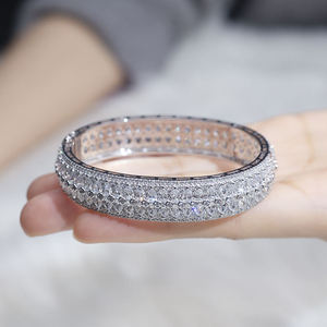 Multi Row Pave Round Cut Lab Grown Diamond Bangle <b>Bracelet</b> 925 Sterling Silver 10K 14K 18K Solid Gold Fine Jewelry Factory - Product Image 2