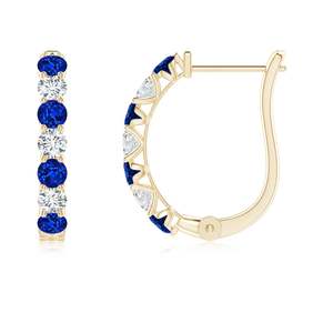 Pendientes de aro clásicos de oro macizo de 14 quilates con zafiro azul y diamantes engastados en canal, joyería para mujer - Product Image 1