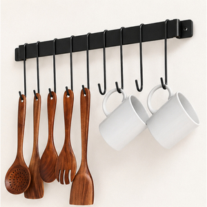 Wall Mounted Kitchen Utensil Rack with S-<b>Hooks</b> <b>Black</b> Iron Hanging Rail for Pots Pans & Spatulas Kitchenware Storage Organizer - Product Image 1