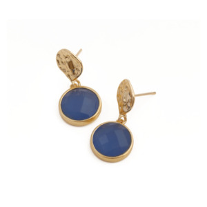 Pendientes colgantes de ágata chapados en oro para mujer, con engaste clásico, joyería de moda, pendientes de piedra redonda azul tinta - Product Image 4