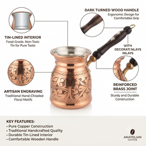 Cafetera turca de cobre de lujo con grabado floral, Cezve, con mango de madera con incrustaciones de nácar, para estufa, Briki griega - Product Image 2