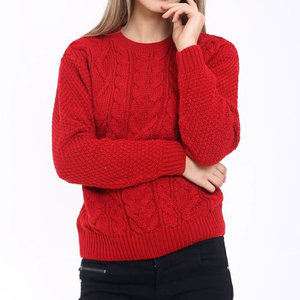 Women's Red <b>Cable</b> <b>Knit</b> Pullover Crew Neck Long Sleeve Winter Casual Thick <b>Sweater</b> Anti-Pilling 100% Acrylic Hand Knitted - Product Image 1