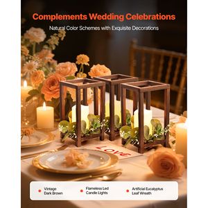 Set di 12 Lanterne in Legno per Centrotavola Matrimoniale, Include 12 Portacandele in Legno e 12 Decorazioni da Tavolo LED Senza Fiamma - Product Image 2