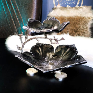 Luxury 2-Tier Flower Metal Fruit Bowl <b>Stand</b>, Black Enamel Pastry Serving Tray With Silver <b>Birds</b> Branch Base For Tabletop Buffet - Product Image 4