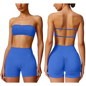 Conjunto de Yoga sin Costuras de 2 Piezas, Top Corto de Cintura Alta y Pantalones Cortos, Color Sólido, Espalda Cruzada, Ropa Deportiva para Mujer - Product Image 6