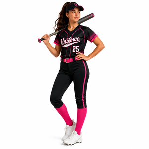 Ensemble uniforme de baseball personnalisé pour femme 2026 – Maillot à col et pantalon en polyester/coton sublimé, noir et rose, coupe courte d'été - Product Image 1