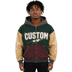 Sudadera con capucha para hombre personalizada con cremallera completa, mangas en contraste y detalles de remaches, estilo moderno y desgastado, con estampado, proveedor OEM con MOQ bajo - Product Image 1