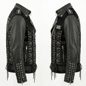 Wholesale Mens Genuine Leather <b>Jacket</b> Custom Cow Hair On Hide Panels Studded Biker Coat Symmetrical Lace Up <b>Punk</b> Outwear - Product Image 4