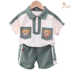ชุดเสื้อยืดโปโลผ้าฝ้ายสำหรับเด็กแขนสั้นปักลายหมีกระเป๋าสีฟ้าสีขาวชุดลำลองสองชิ้น - Product Image 4