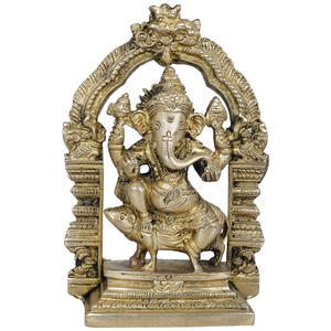 Estatua de Lord Ganesha de latón de 5 pulgadas hecha a mano sentada en un ratón con escultura de trono Kirtimukha regalo de la India - Product Image 1