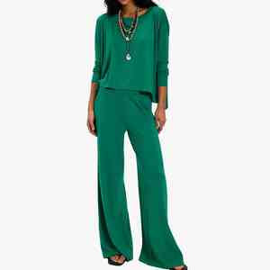 Conjunto de Verano Moderno e Informal de Color Sólido en Spandex/Algodón, Transpirable, Camisa de Manga Larga y Pantalones Anchos para Mujer - Product Image 1