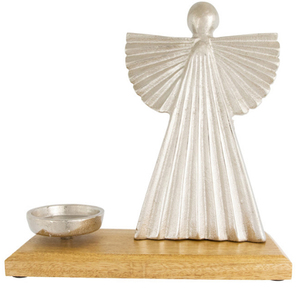 Heavenly Angel Metal Christmas Votive Candle Holder 10 Inch Height <b>Silver</b> With Mango Wood Base - Product Image 1