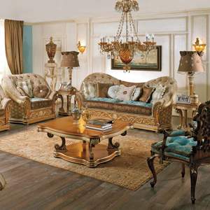 Juego de Sofás de Madera de Caoba Tallada en Color Marrón Dorado Clásico de Lujo para Hotel Emma, Muebles de Sala de Estar de Estilo Europeo con Relleno de Esponja - Product Image 1