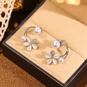 2in1 Silver-Toned Floral Monalisa Stone <b>Pearl</b> Stud <b>Earrings</b> for Women Party and Daily Wear Wedding Use for Sale - Product Image 4