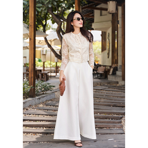 Blusas Transpirables de Encaje Floral Crema para Mujer, Estilo Casual de Verano para Vacaciones, con Cuello de Lazo y Manga Larga, GALI - Product Image 3