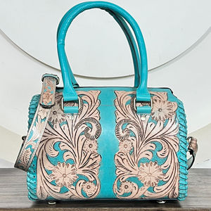 Bolsos de Viaje de Cuero Genuino Turquesa Estilo Occidental con Diseño Floral Grabado a Mano, Bolsos Cruzados de Hombro de Cuero Genuino, Bolsos de Viaje Rápidos, Más Vendidos - Product Image 4