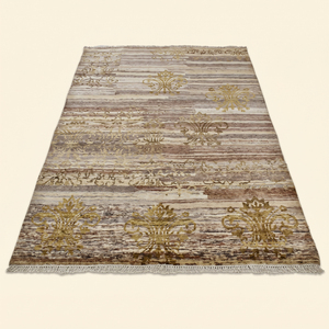 Alfombra de Lana Hecha a Mano Beige Marrón con Diseño Fresco Dorado, Textura Geométrica Desgastada, Ecológica, Antideslizante y de Pelo Grueso para Interiores - Product Image 2