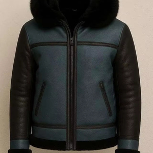 Custom Men’s Two-Tone <b>Shearling</b> <b>Bomber</b> <b>Jacket</b> Genuine Sheepskin Leather Coat Winter Warm Hooded Aviator <b>Jacket</b> with Fur Trim - Product Image 1