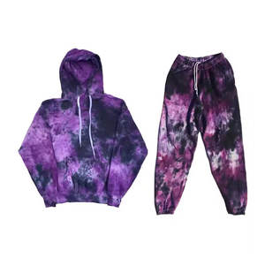 <b>Mens</b> Tie-Dye Purple and Black Custom Logo <b>Pullover</b> Hoodie and Matching Jogger Sweatpants Tracksuit OEM ODM Wholesale Apparel - Product Image 1