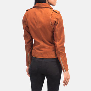 Brown <b>Suede</b> Women's Biker <b>Jacket</b> Belted Motorbike Coat Zipper Patch Pocket Casual Outerwear - Product Image 4