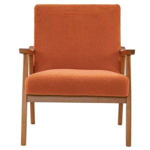 Poltrona Singola da Interno in Legno Massello con Braccioli e Schienale in Velluto Teddy, Design Semplice Arancione Bruciato - Product Image 3