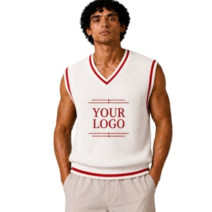 <b>Mens</b> <b>White</b> With Red Contrast Stripe Summer Knit Sweater <b>Vest</b> V Neck Sleeveless Pullover Custom Logo Wool Acrylic OEM Wholesale - Product Image 1