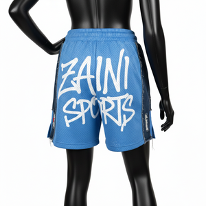 Shorts femme en maille polyester premium 160 GSM bleu ciel avec empiècements latéraux en jean et logo personnalisé brodé - Product Image 6