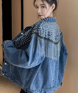 Hardihood International Light Wash Denim <b>Jacket</b> for Women Distressed Frayed Hem Rhinestone Floral Button Front Formal Breathable - Product Image 2