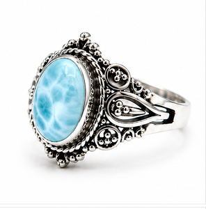 Anillo de Piedra Preciosa Larimar Natural, Anillo de Plata de Ley 925, Joyería con Piedra Ovalada Azul, Anillo Bohemio Hecho a Mano, Regalo para Ella - Product Image 1
