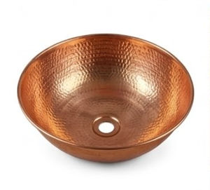 Lavabo de Cobre Hecho a Mano, Elegante, Redondo, de un Solo Tazón, para Colocar Sobre Encimera, Diseño Rústico Pulido, Lavabo Tipo Vaso para Baño - Product Image 1