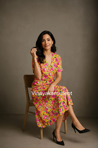 Vestido Maxi Casual con Estampado Floral Elegante en Amarillo Vibrante, Cuello en V, 100% Algodón, con Cintura Ajustable y Mangas Cortas - Product Image 2