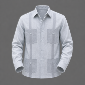 Camisa Guayabera de Algodón Gris Claro para Hombre, Manga Larga, Transpirable, 4 Bolsillos, Estilo Latino, Venta al Por Mayor OEM - Product Image 1