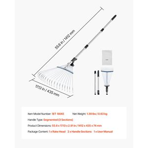 Rastrello da Giardino Resistente con 18 Denti Metallici, Testa in Plastica Regolabile da 7,7 Pollici e Manico Lungo da 32,3 a 55,6 Pollici per Prati - Product Image 2