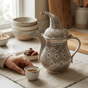 Théière en métal du Moyen-Orient avec gravures complexes pour le service traditionnel du thé - Product Image 1