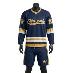 Conjunto de Camiseta y Pantalones Cortos de Hockey sobre Hielo Sublimados en Azul Marino y Dorado para Hombre, Cuello en V, Rayas, Poliéster, Ropa Deportiva, Uniforme de Entrenamiento - Product Image 1
